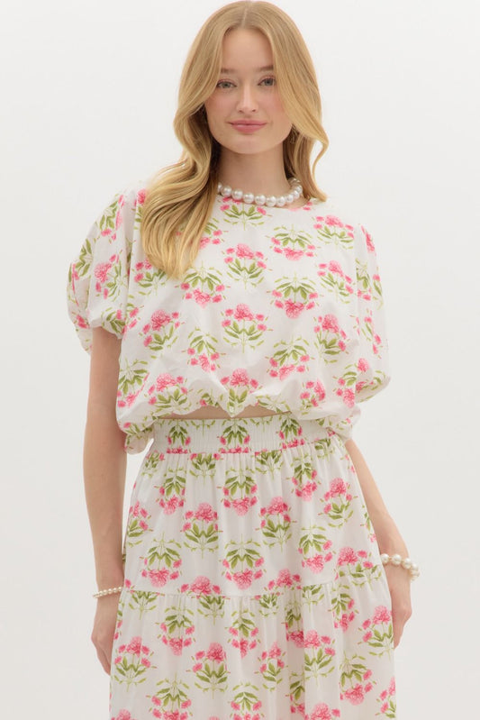 Floral Print Cropped Bubble Pullover w/ Keyhole Button Closure