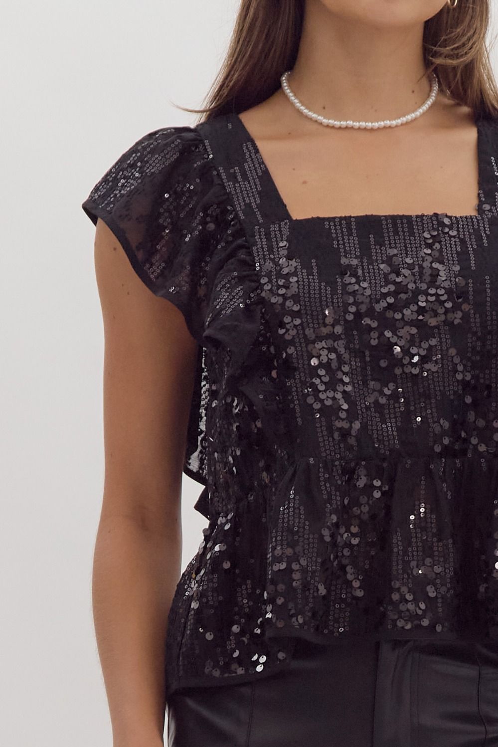 Sequin Ruffle sleeve square neck crop top w/ self tie at back