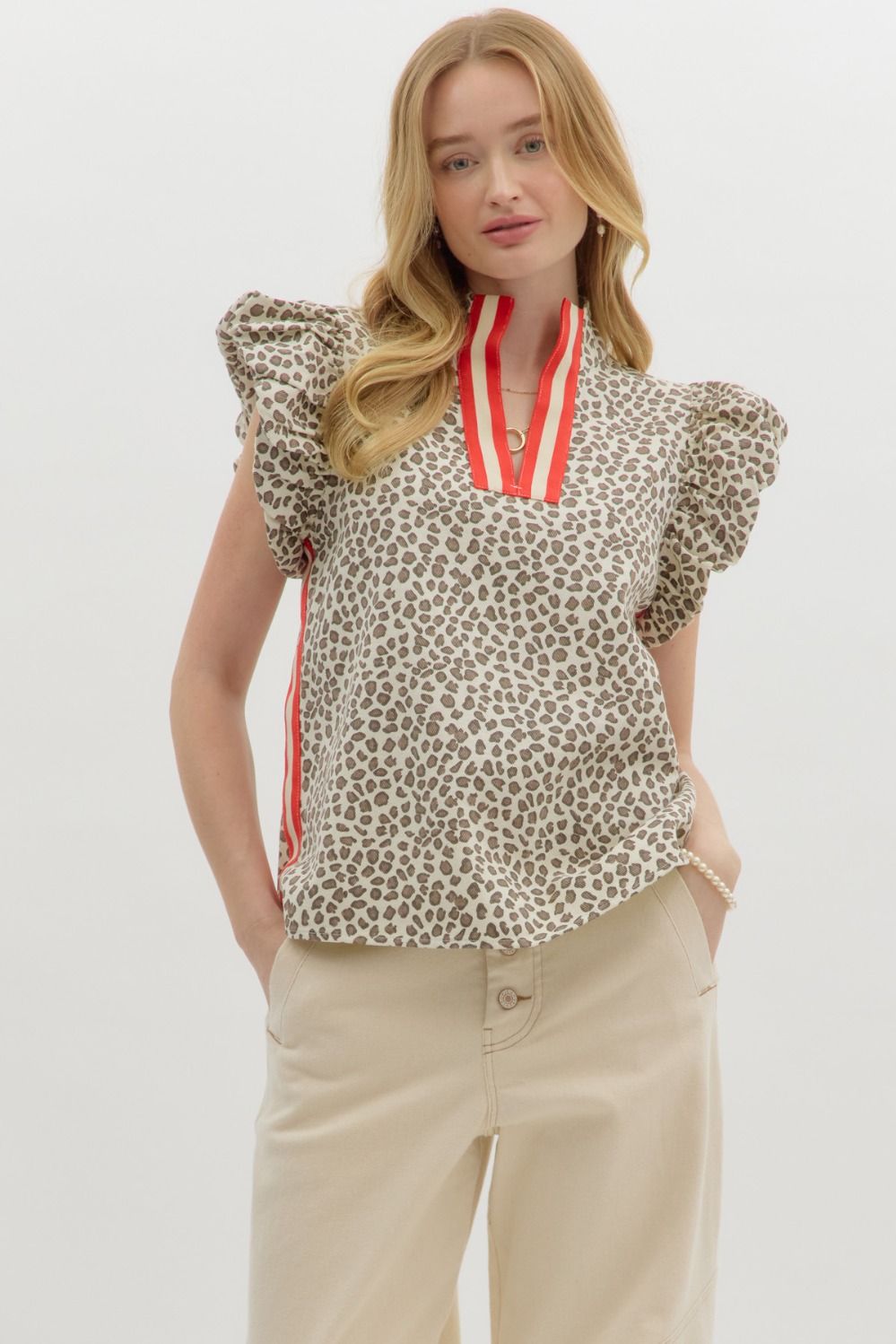 Leopard print bubble flutter sleeve pullover top w/ multicolor slit neck high band collar & side