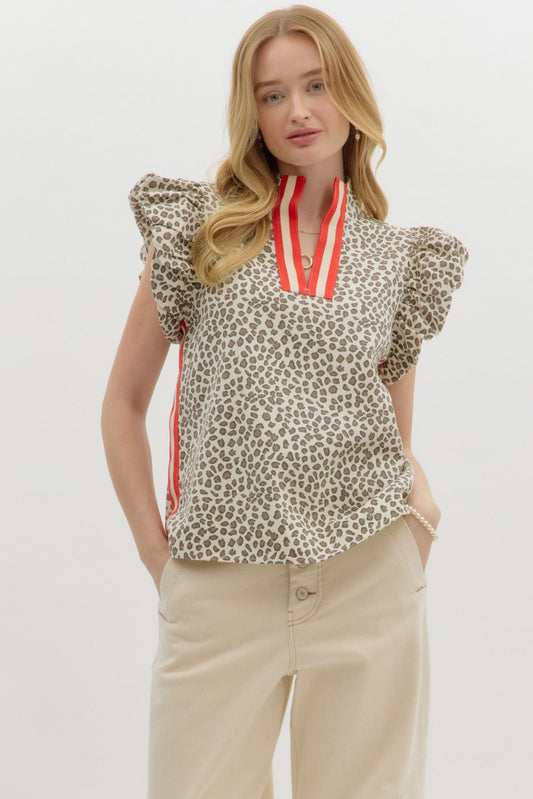 Leopard print bubble flutter sleeve pullover top w/ multicolor slit neck high band collar & side