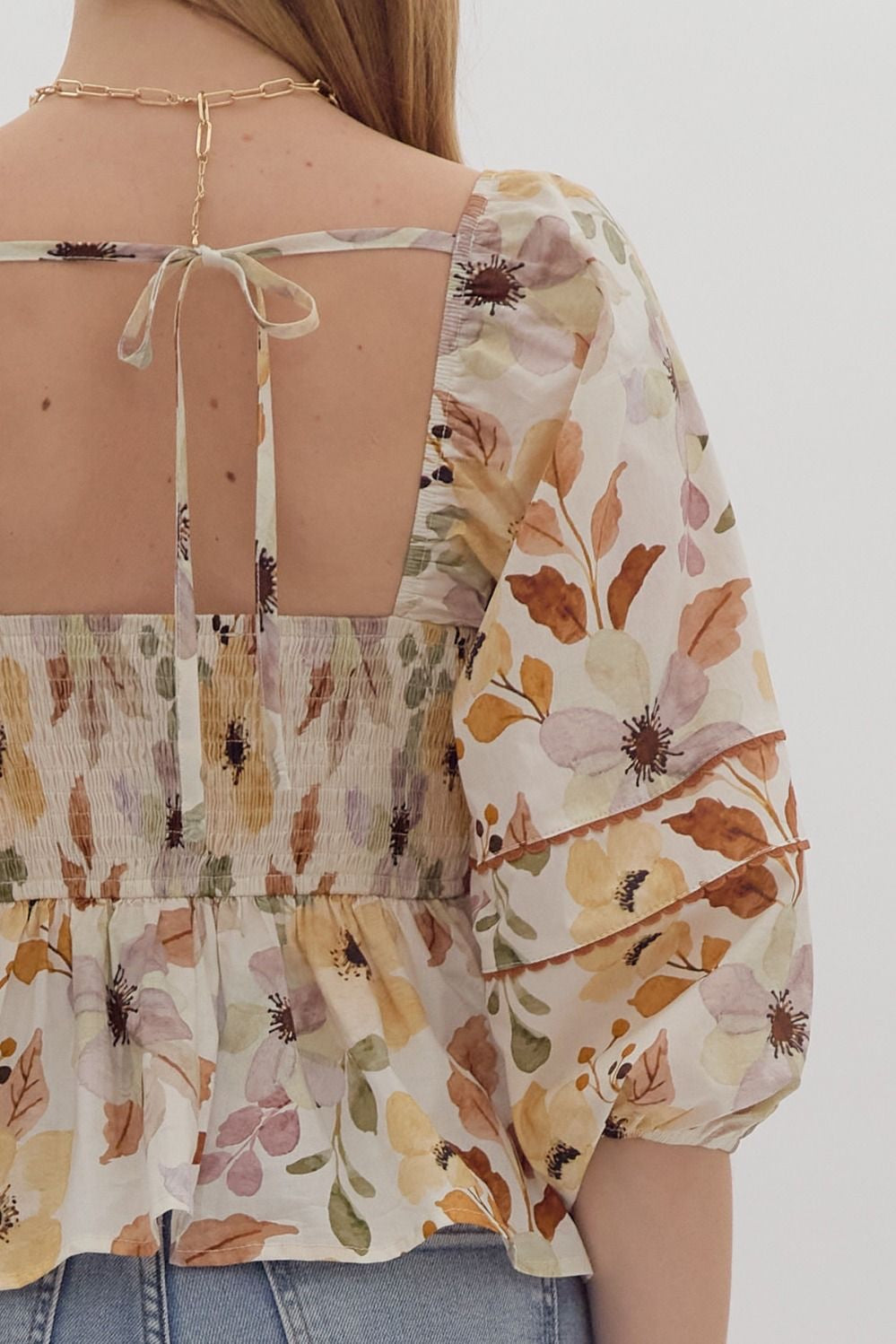 Floral Print Elasticized 3/4 Sleeve Balloon Sleeve Peplum Top