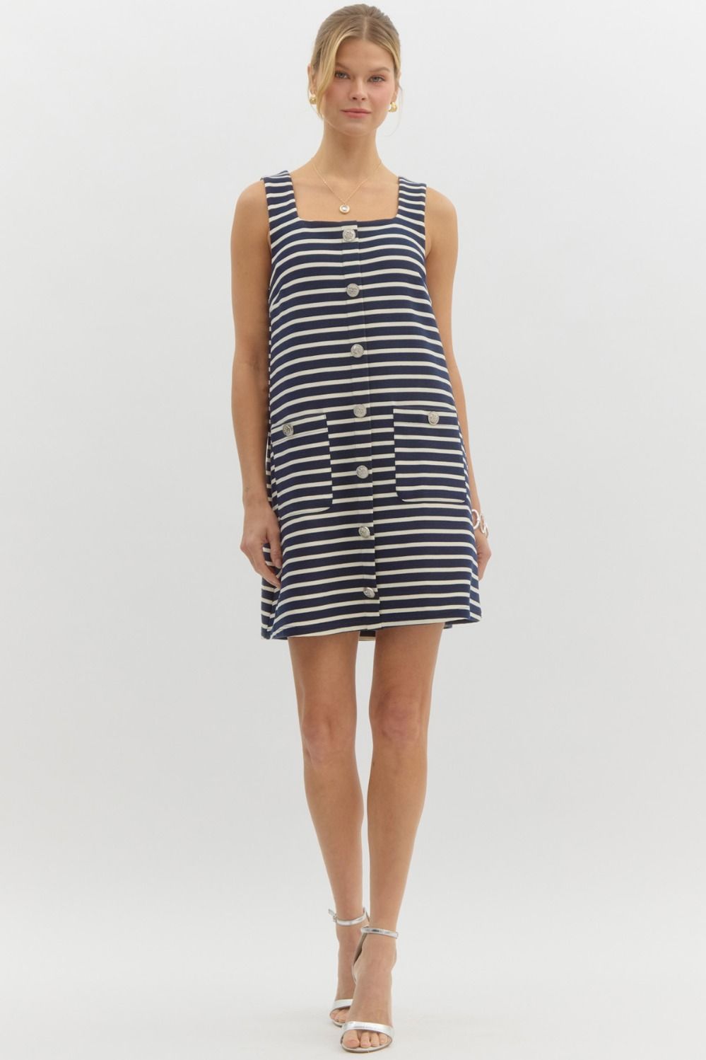 striped Square Neck Sleeveless Mini Dress Front Patch Pockets