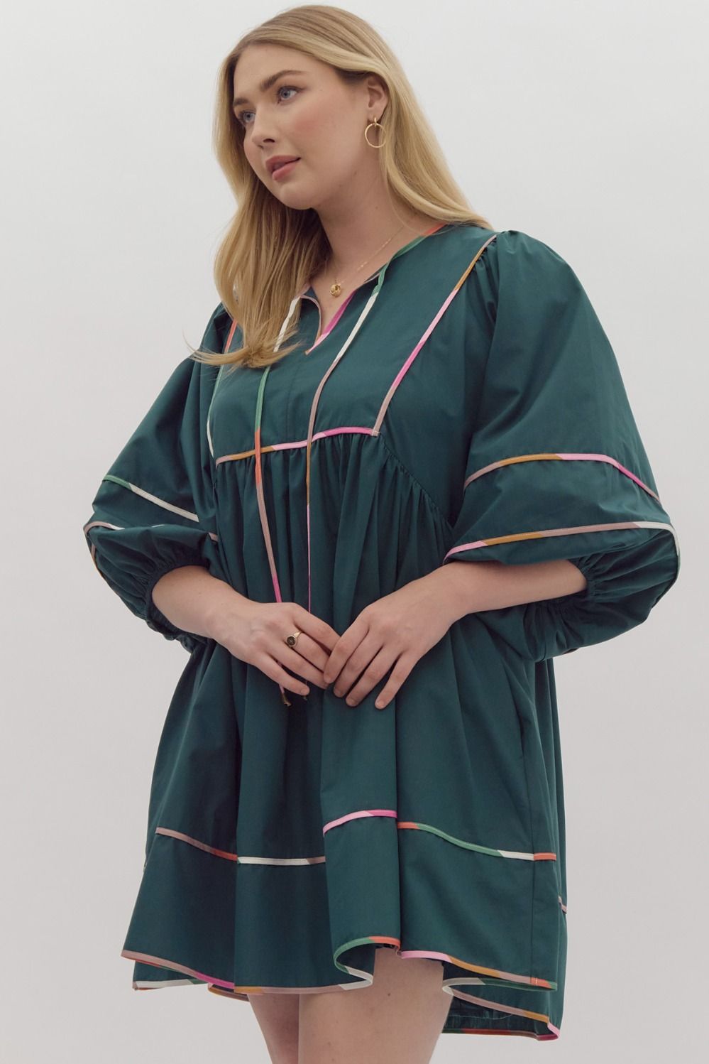 Solid Half Sleeve V Neck Mini Dress w/ Side Pockets & ColorBlock Trim