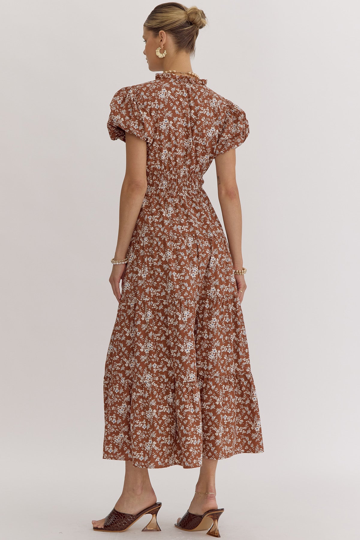 Floral print v neck bubble sleeve midi dress w/ elastic at waist
