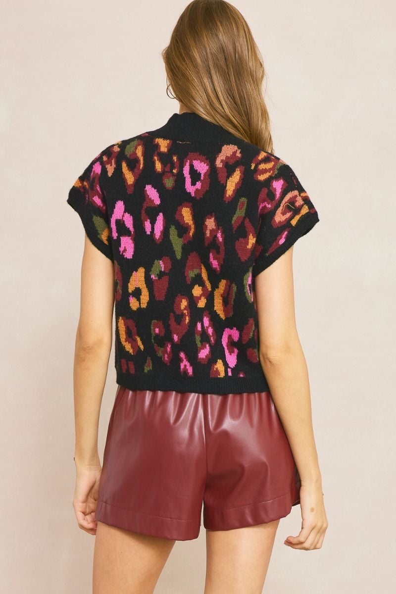 Black Sleeveless Colorful Leopard Sweater