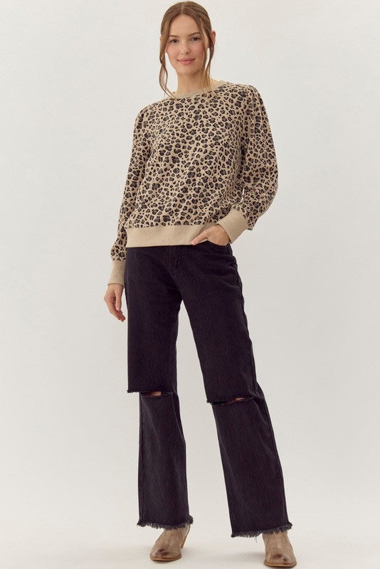 Leopard Print Oatmeal Long Sleeve Sweatshirt