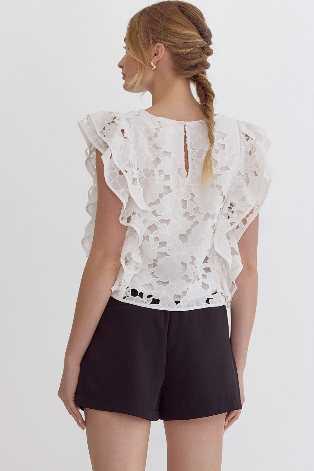 Lace Floral Square Neck Sleeveless Top w/ Ruffle Deatail