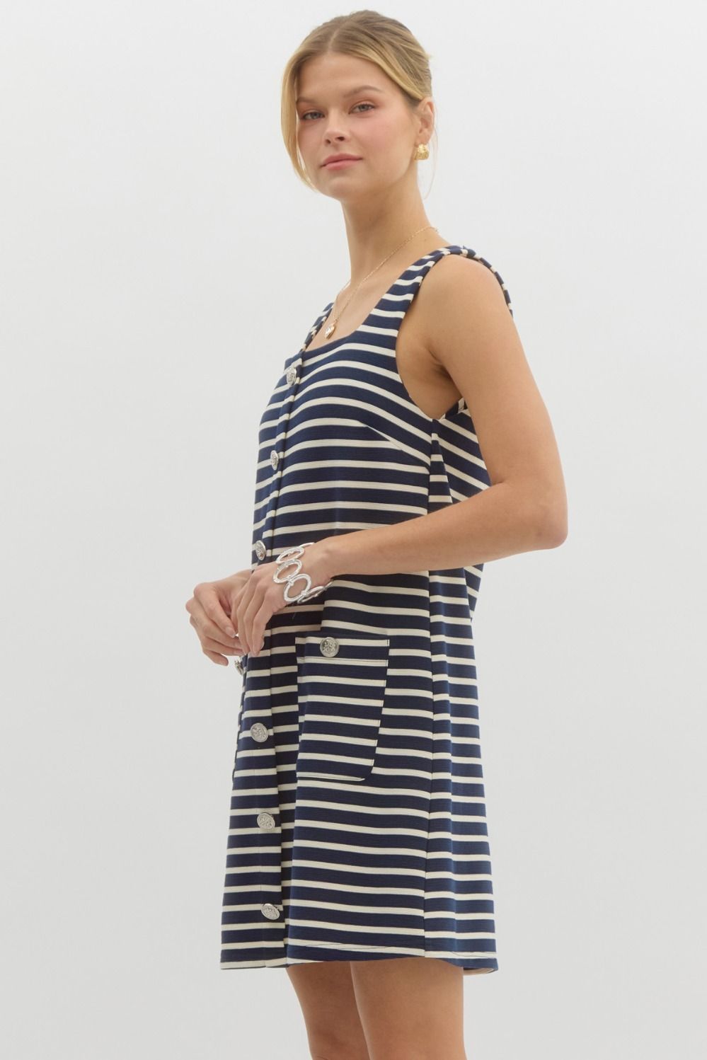 striped Square Neck Sleeveless Mini Dress Front Patch Pockets