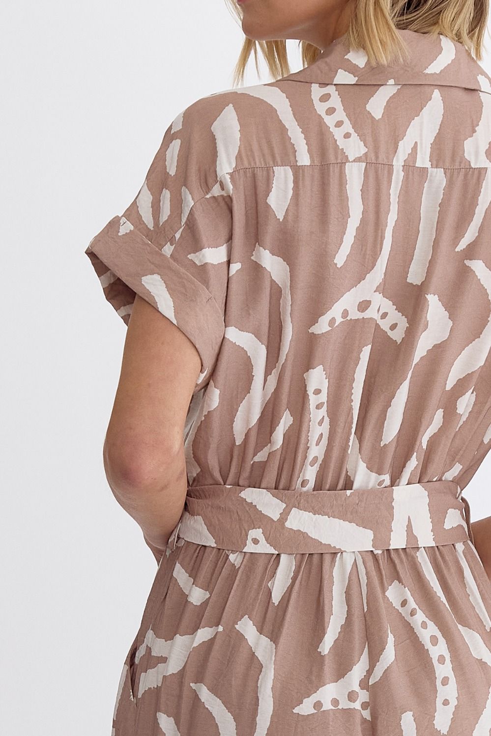 Printed V Neck Collared Button Up Short Sleeve Romper w/ Tie and Pockets