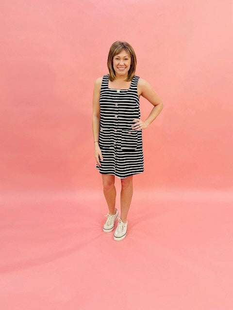 striped Square Neck Sleeveless Mini Dress Front Patch Pockets