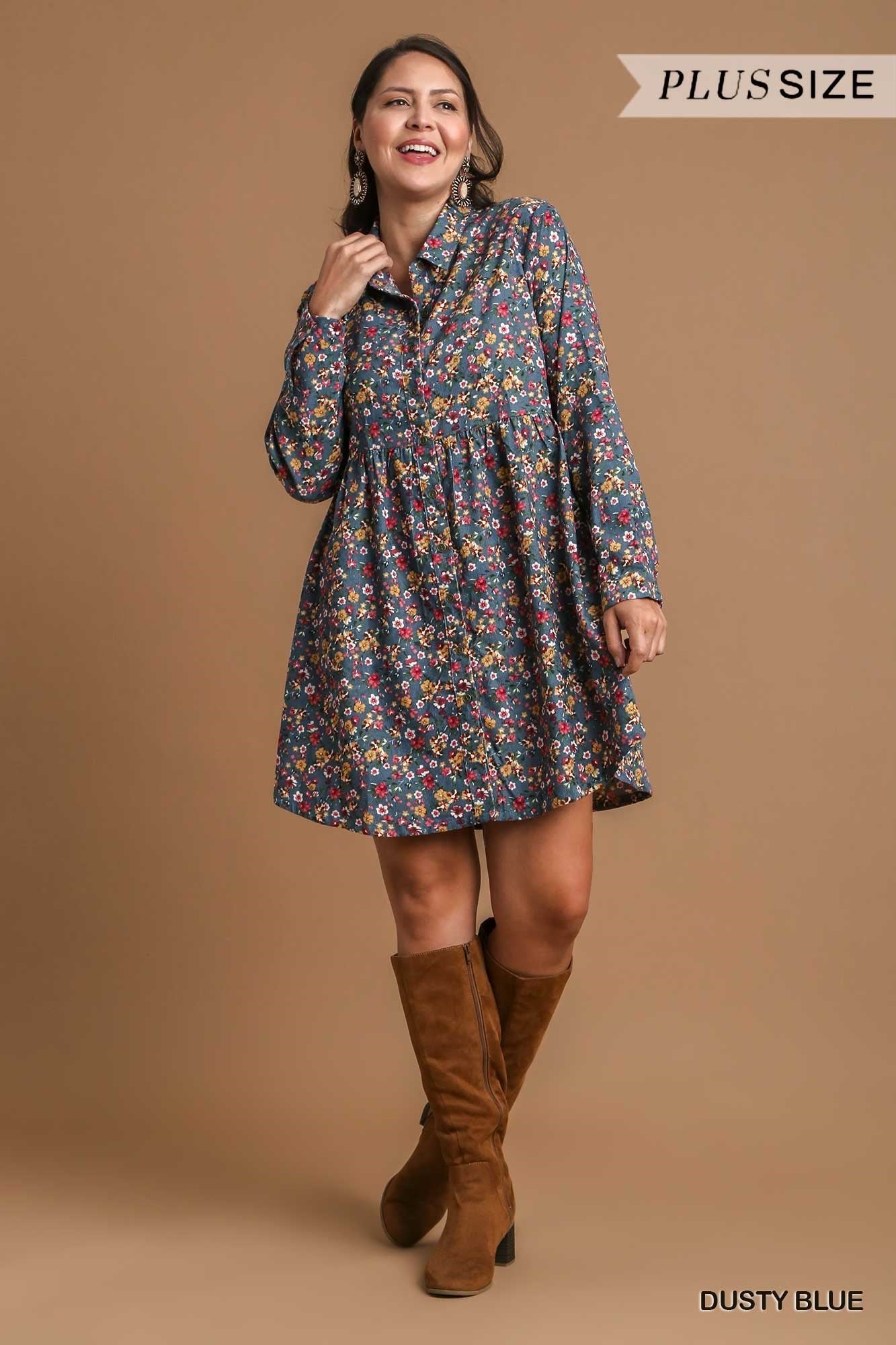 Floral Print Corduroy Collar Dress w/  Long Sleeves