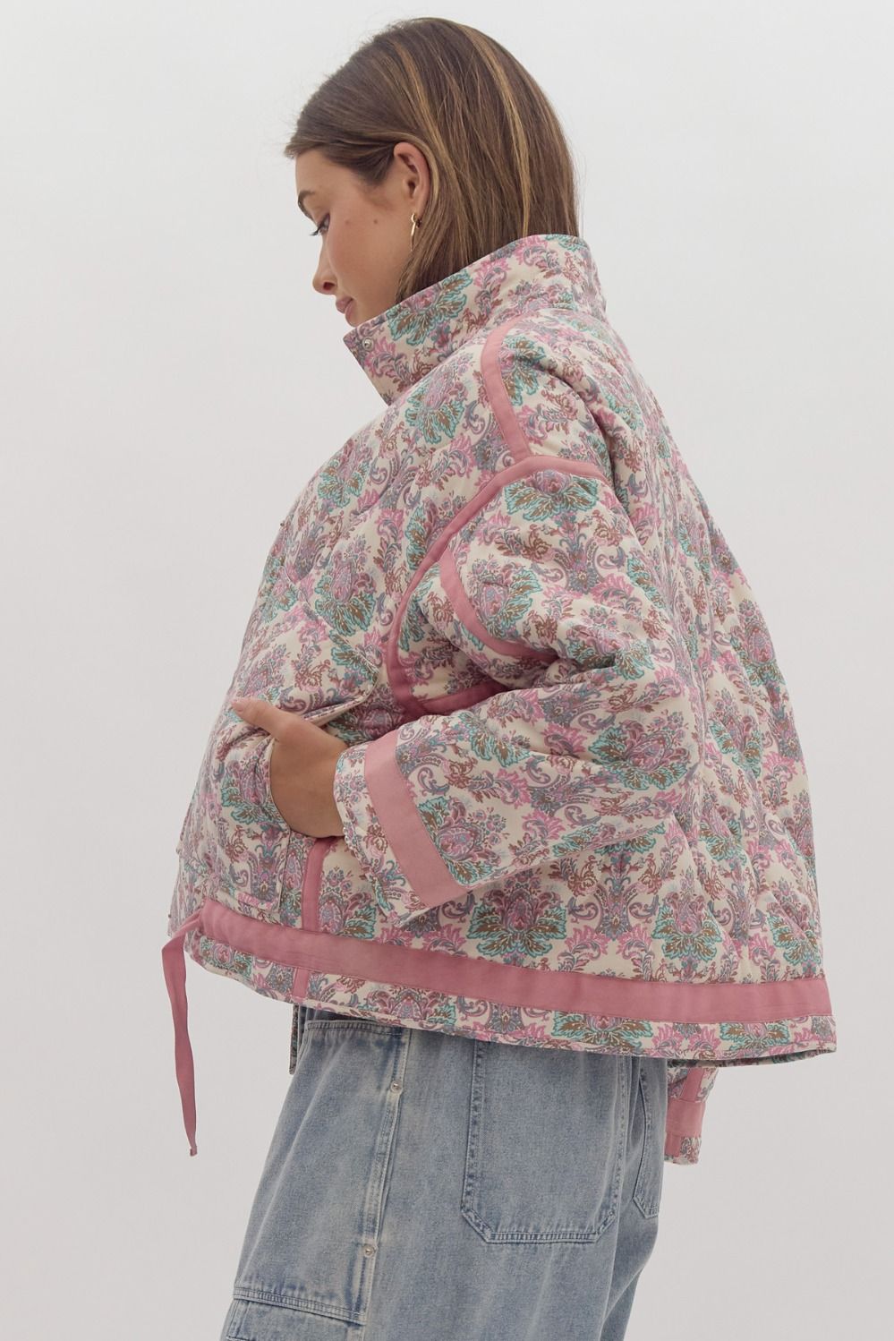 Printed Long Sleeve Snap Button Jacket w/ Side Pockets & Self Tie Detail at Waist