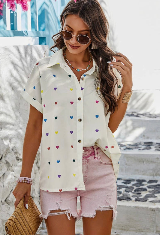 Heart Print Button Up Loose Fit Blouse