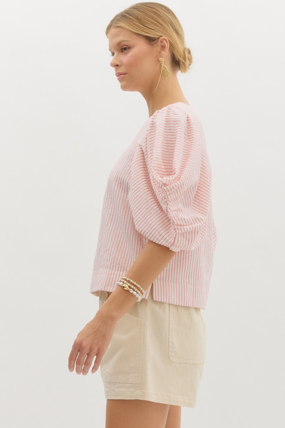Pinstripe textured voluminous short sleeve top w/ side split hem