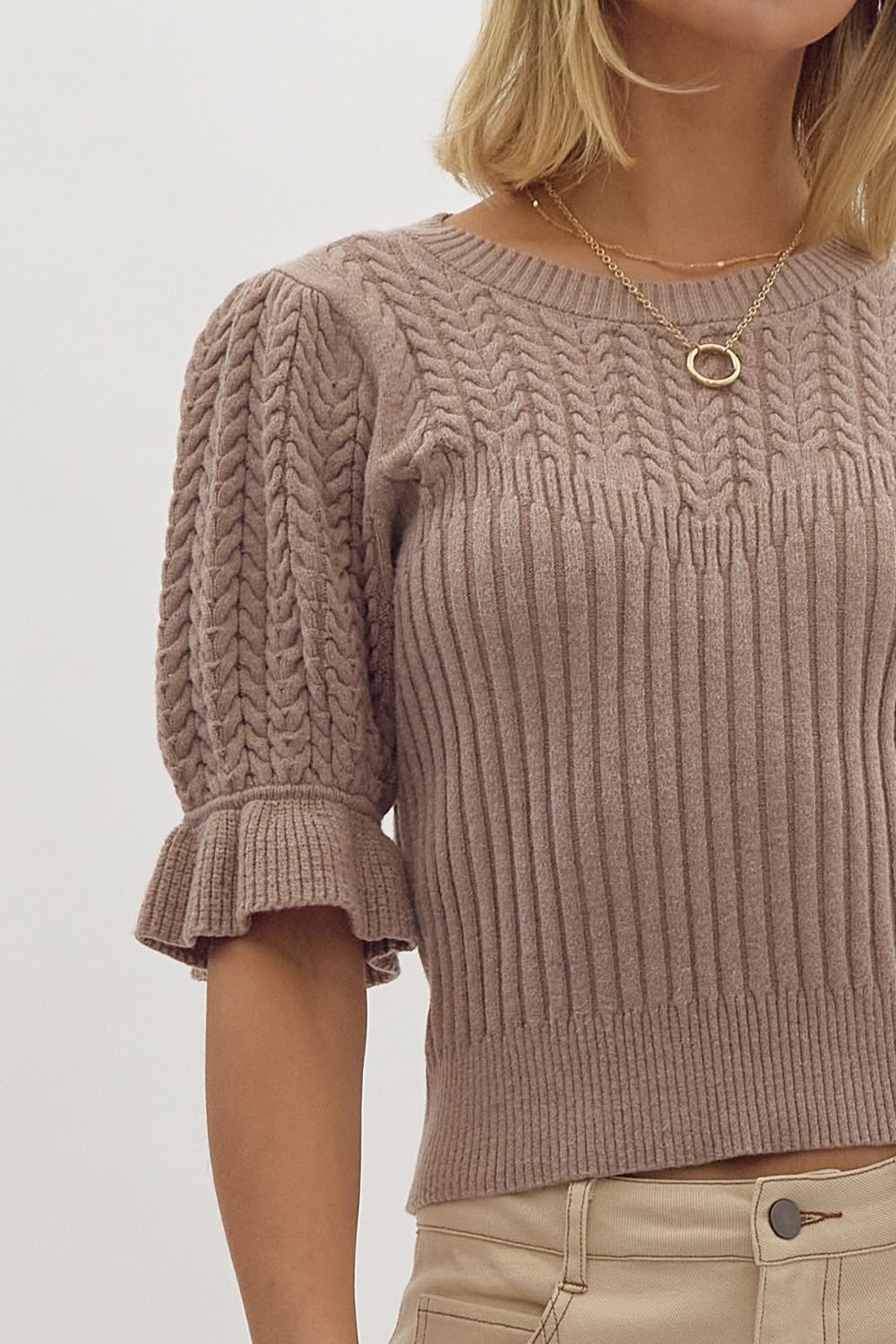 Solid Textured Knit Cropped Sweater w/ Ruffle Cuff