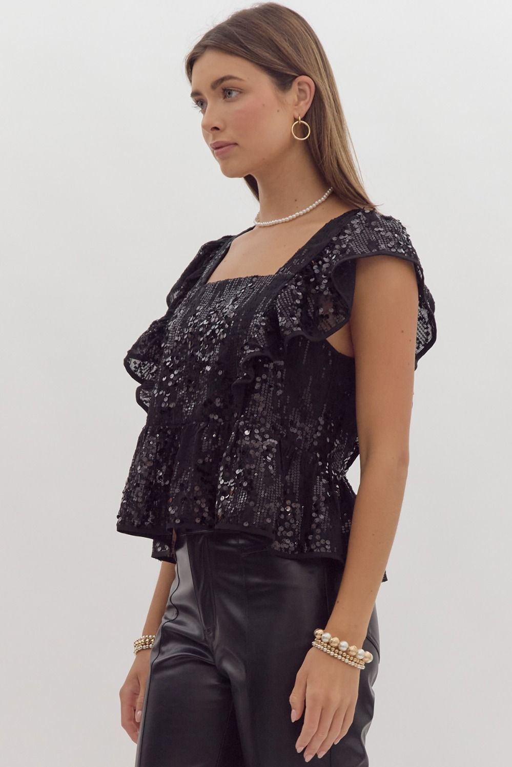 Sequin Ruffle sleeve square neck crop top w/ self tie at back