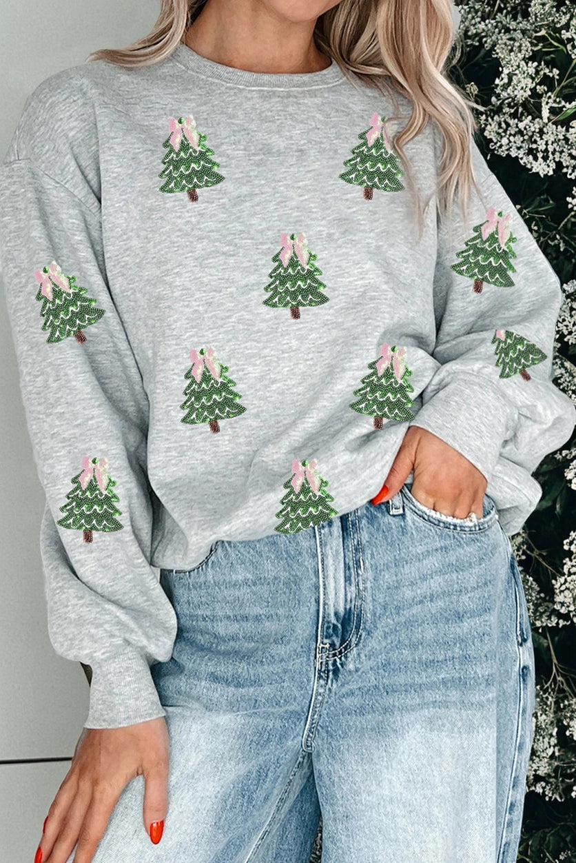 Gray Sequined Christmas Tree Patched Patterned Holiday Holiday Sweatshirt