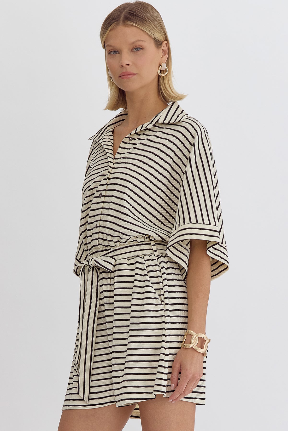 Textured Stripe Print Button Down Collared Half Sleeve Romper