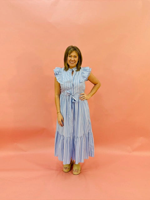 Blue Ruffle Sleeve Long Dress w/ Front Buttons and Self Tie