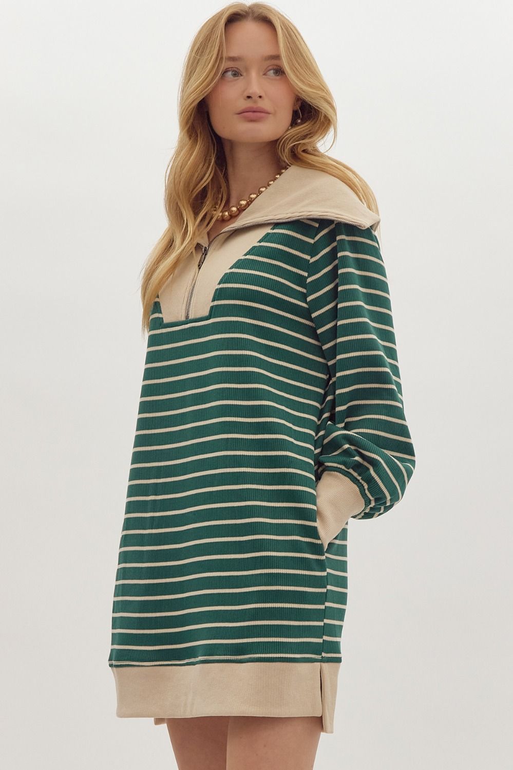 Striped Print Ribbed Zip Up Long Sleeve Mini Dress w/ Oversized Collar
