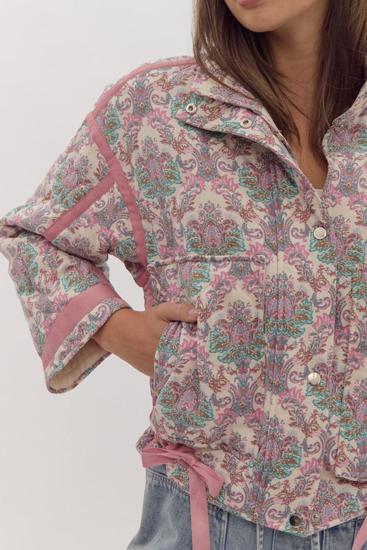 Printed Long Sleeve Snap Button Jacket w/ Side Pockets & Self Tie Detail at Waist