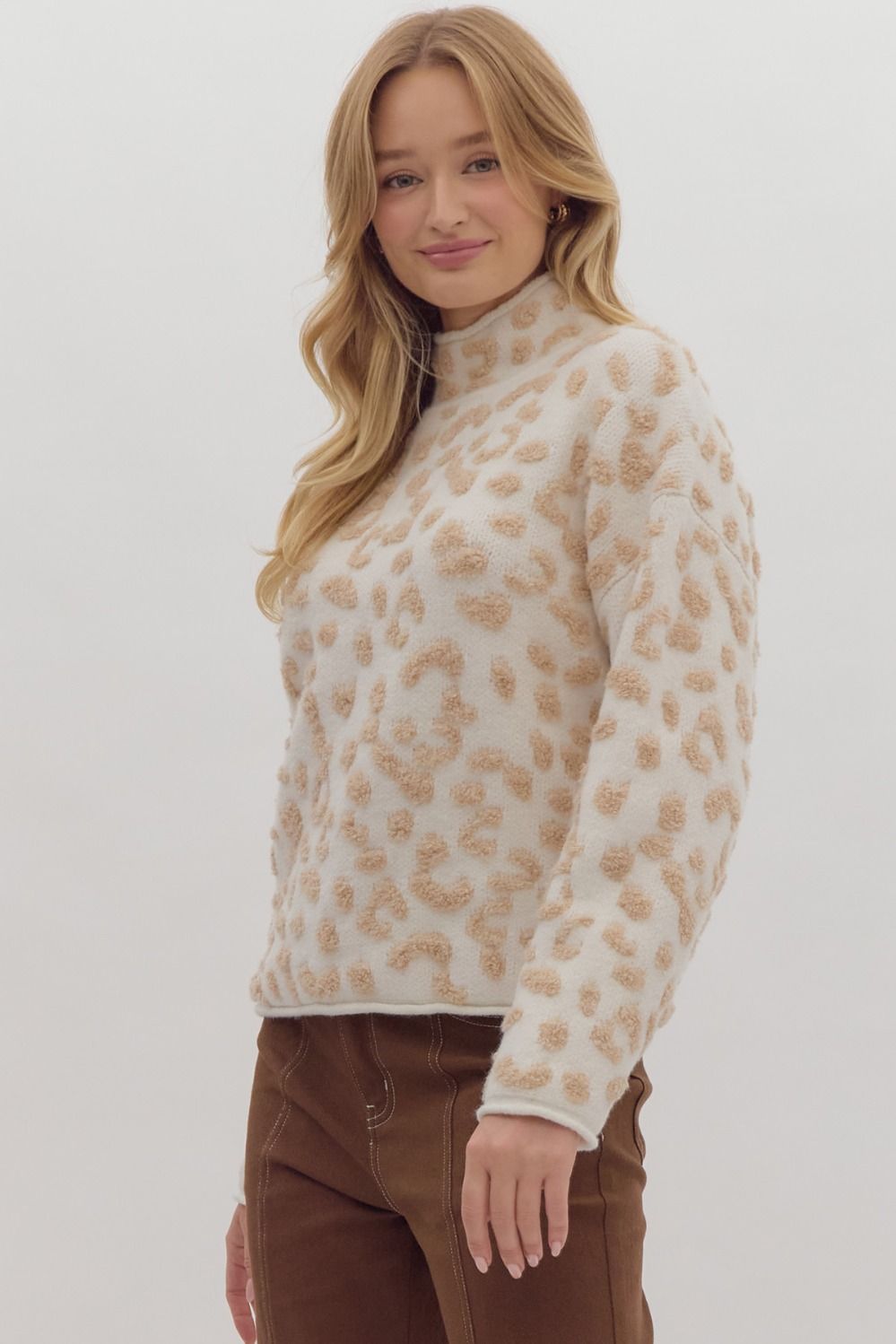 leopard print mock neck long sleeve knit sweater