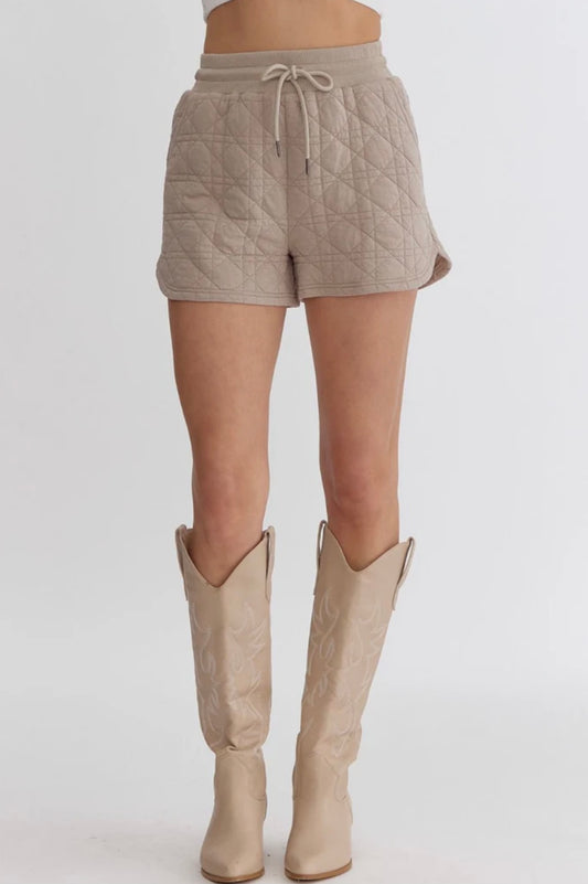 Taupe Textured High Waisted Shorts w/ Elastic Waistband- Self Tie Pockets