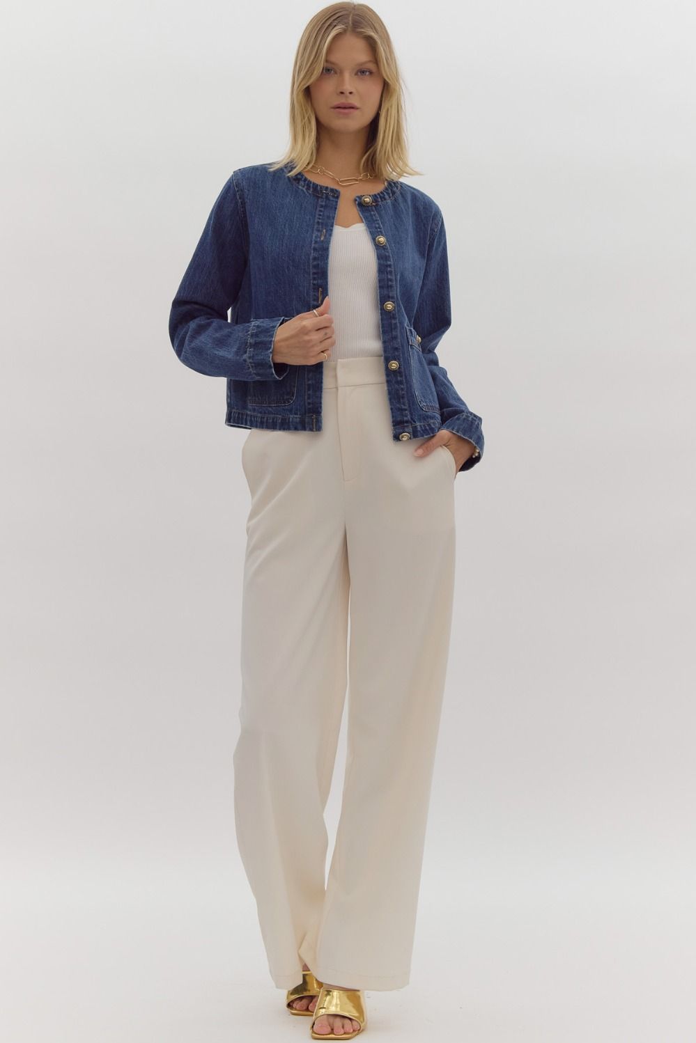 Denim long sleeve button up jacket w/ pockets at front gold button detail
