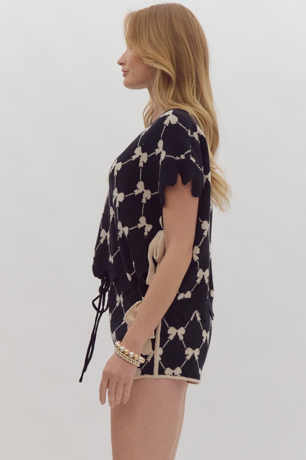 Bow Print Cropped Sweater Sweater Top w/ Self Tie at Sides