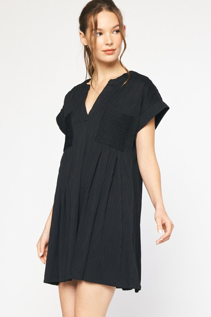 Solid Textured Short Sleeve V Neck Mini Dress w/ Pockets