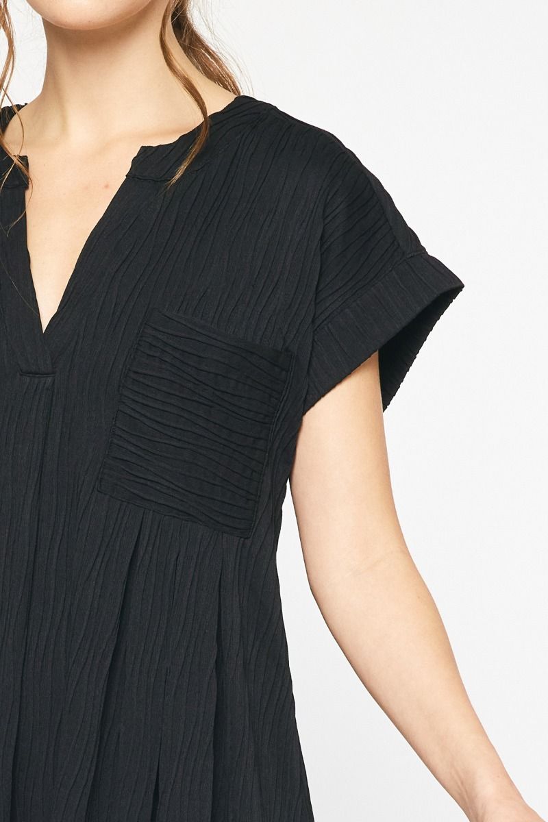 Solid Textured Short Sleeve V Neck Mini Dress w/ Pockets