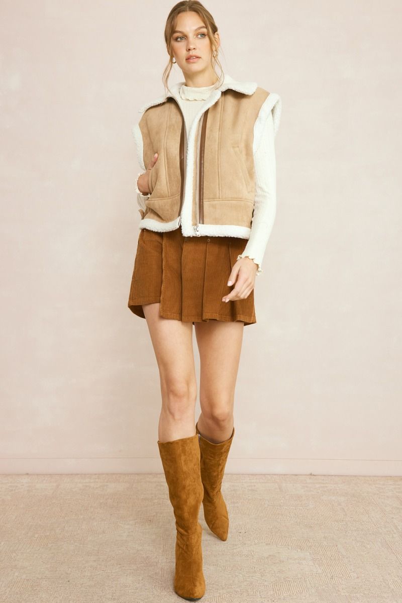 Faux Suede Shearling Zip Up Cropped Vest w/ Pockets & Adj. Straps