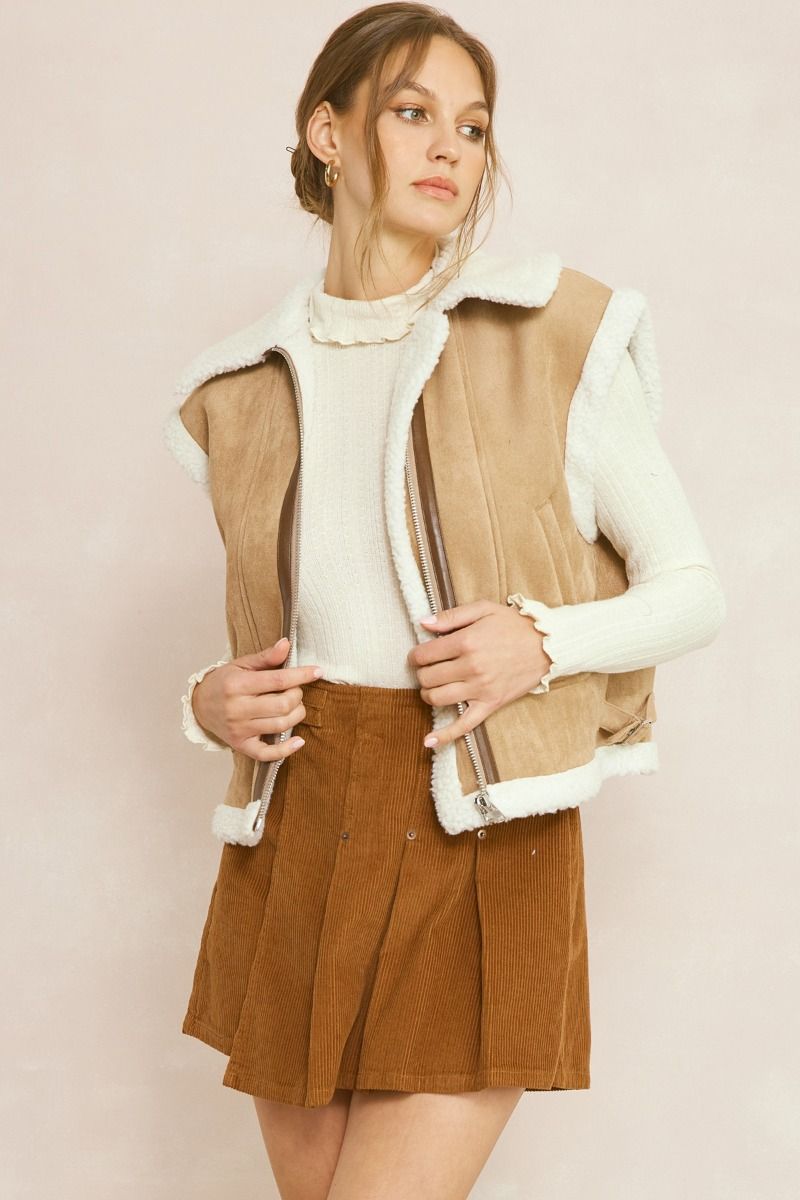 Faux Suede Shearling Zip Up Cropped Vest w/ Pockets & Adj. Straps