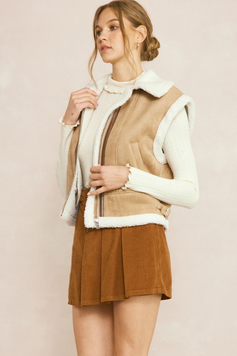 Faux Suede Shearling Zip Up Cropped Vest w/ Pockets & Adj. Straps