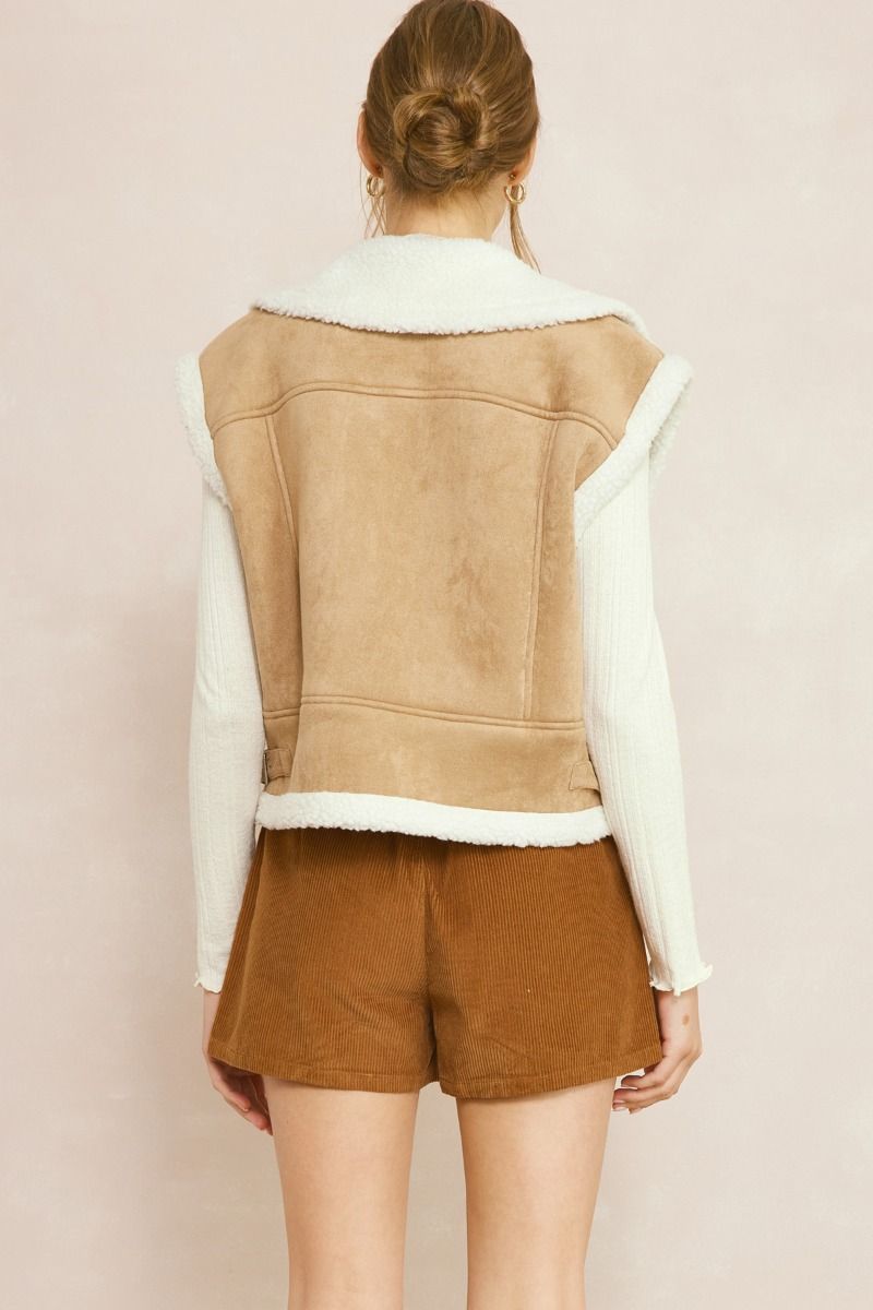 Faux Suede Shearling Zip Up Cropped Vest w/ Pockets & Adj. Straps