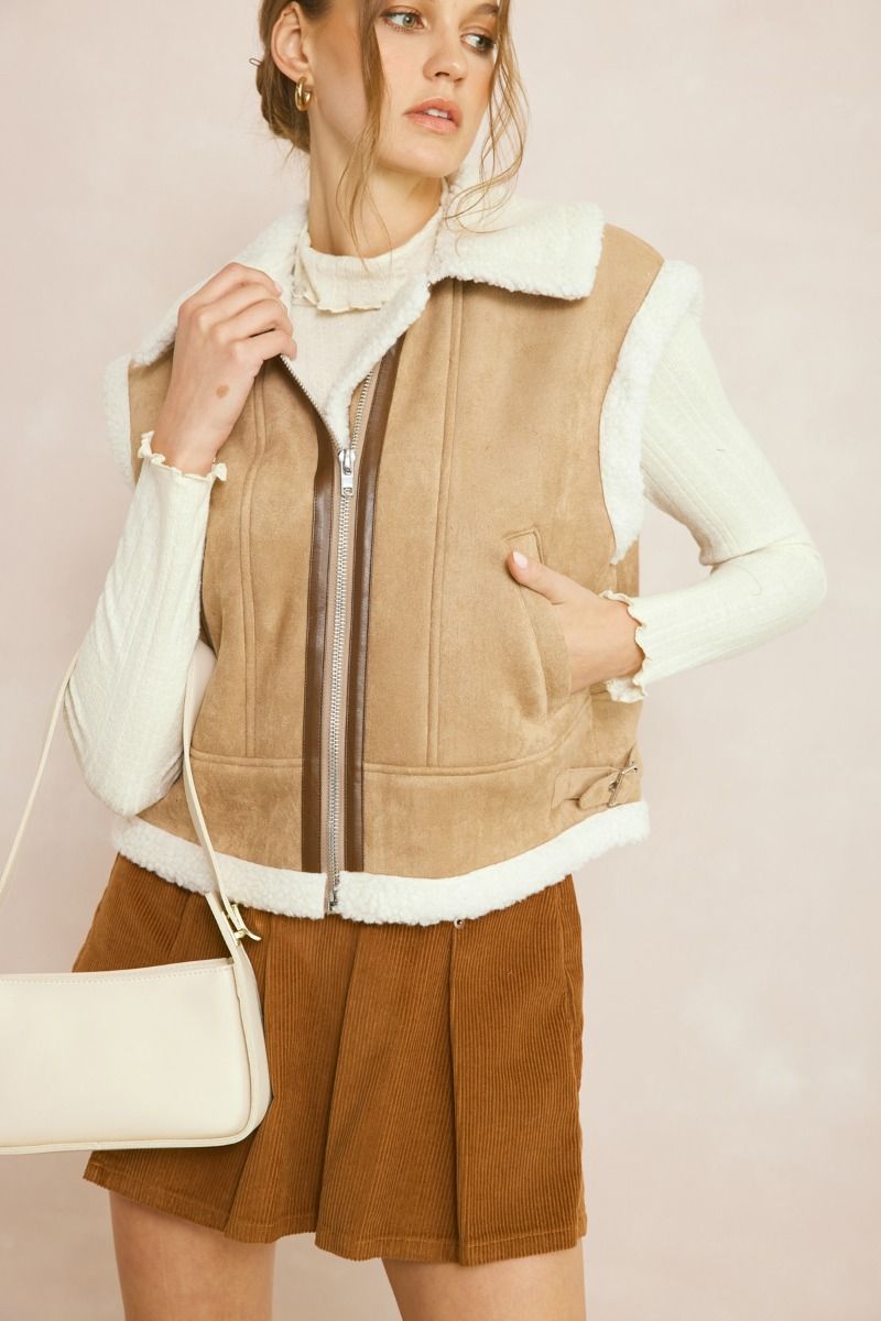Faux Suede Shearling Zip Up Cropped Vest w/ Pockets & Adj. Straps