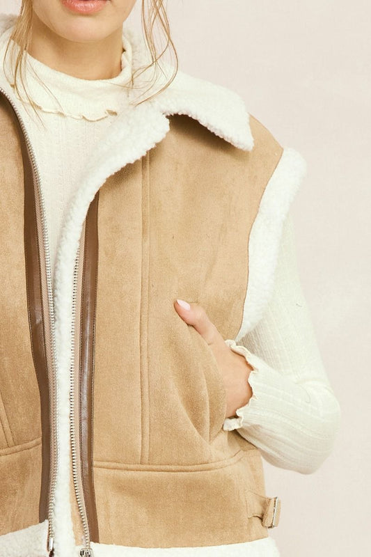 Faux Suede Shearling Zip Up Cropped Vest w/ Pockets & Adj. Straps
