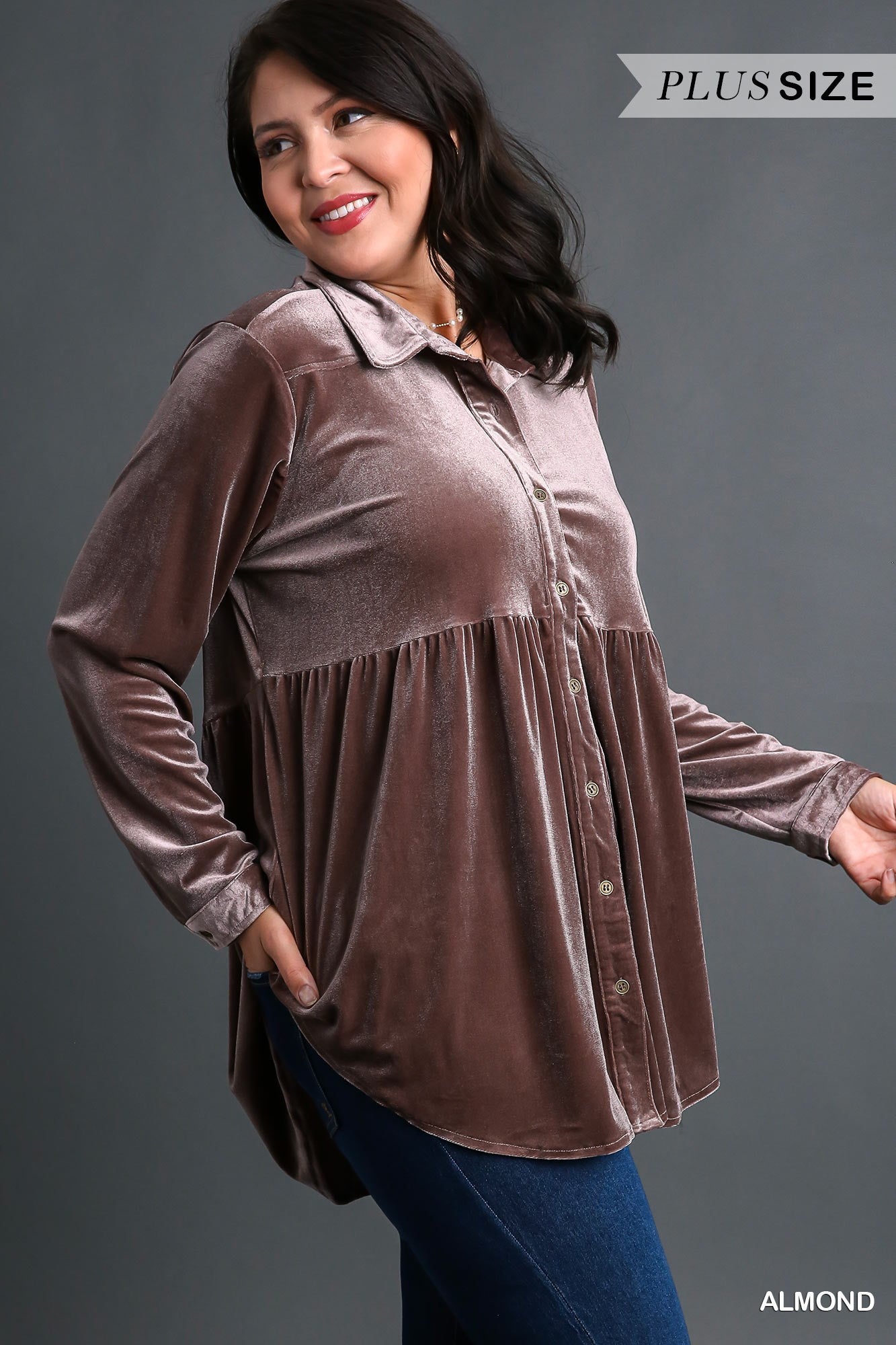 Velvet Collar Down Long Sleeve Tunic Dress w/ High Low Hem