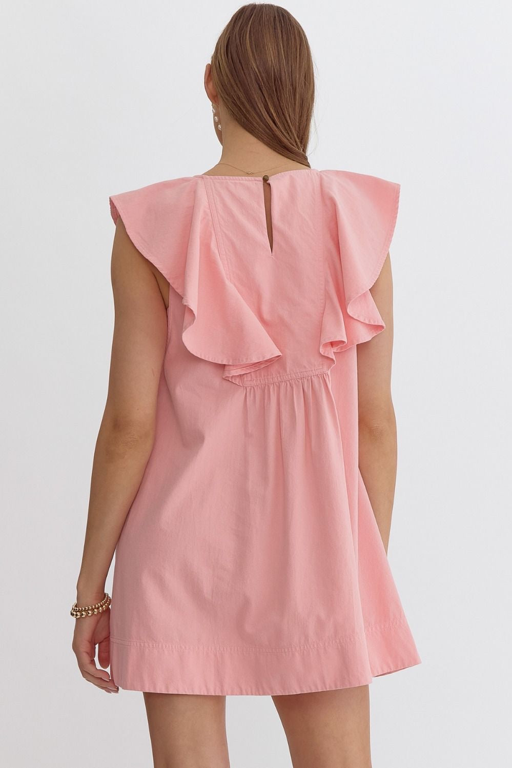 Solid Sleeveless V Neck Mini Dress w/ Ruffle Detail