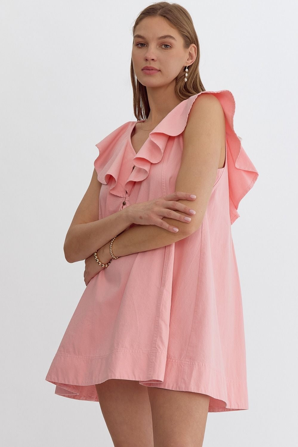 Solid Sleeveless V Neck Mini Dress w/ Ruffle Detail