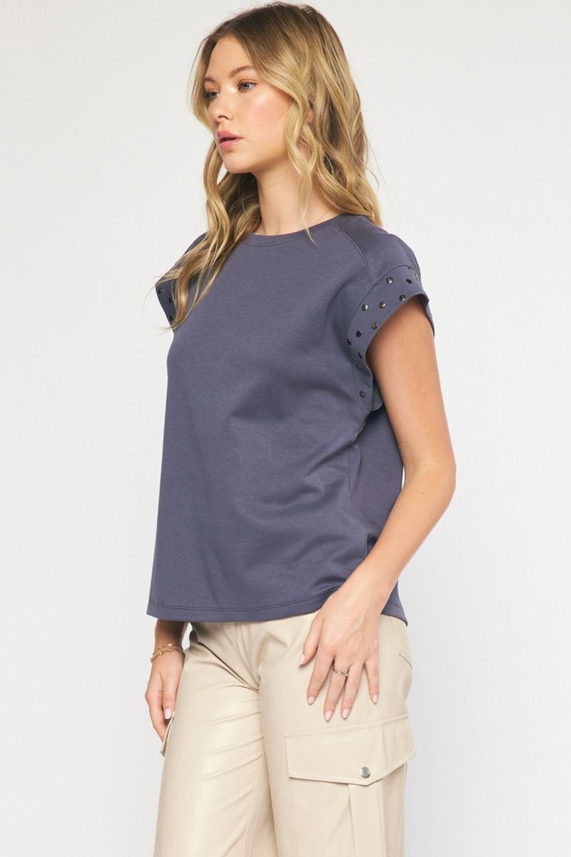 Solid Short Sleeve Top w/ Stud Details