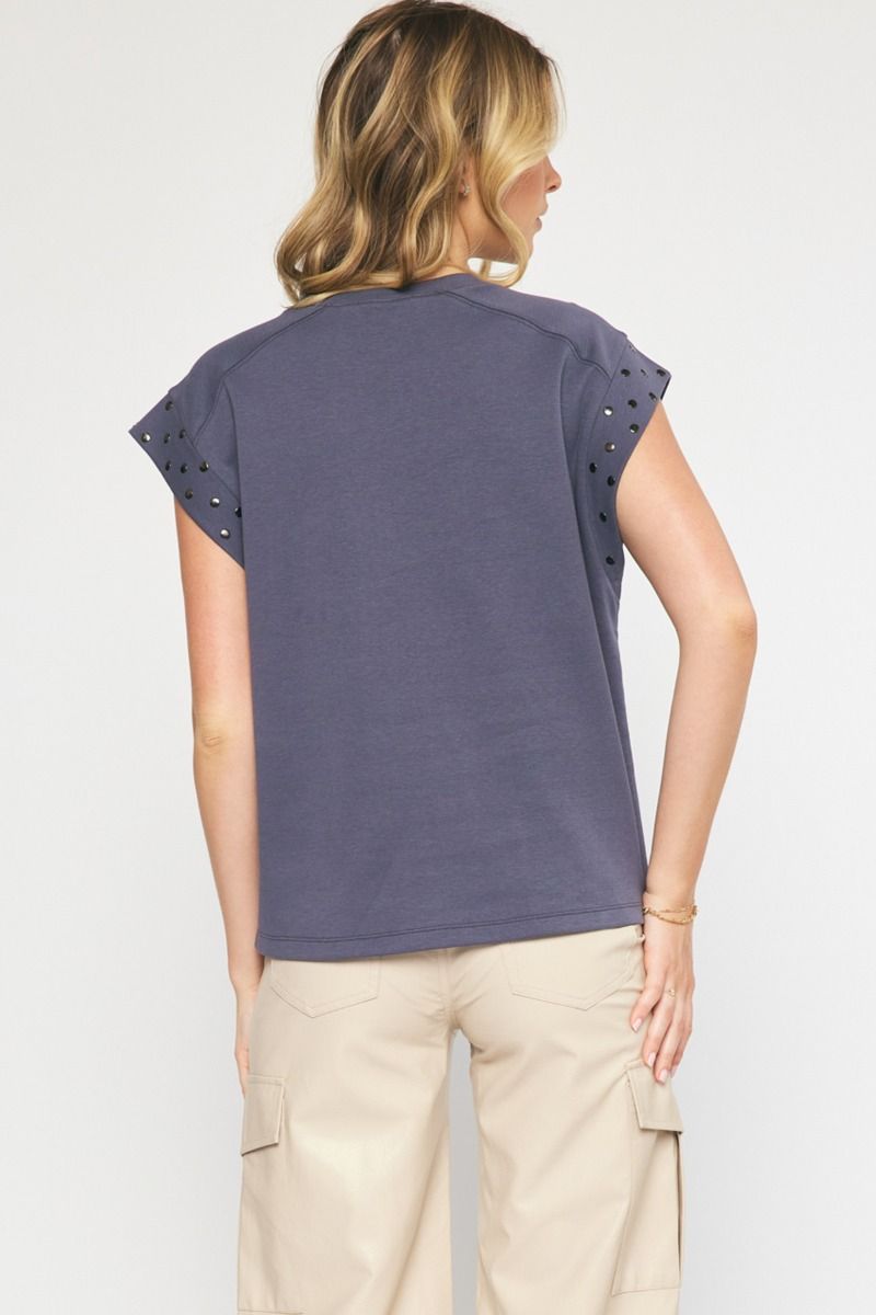 Solid Short Sleeve Top w/ Stud Details