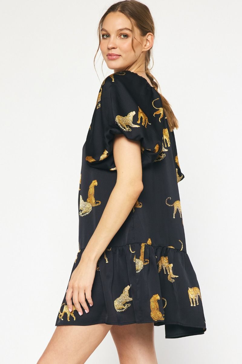 Leopard Print Square Neck Short Sleeve Mini Dress w/ Pockets
