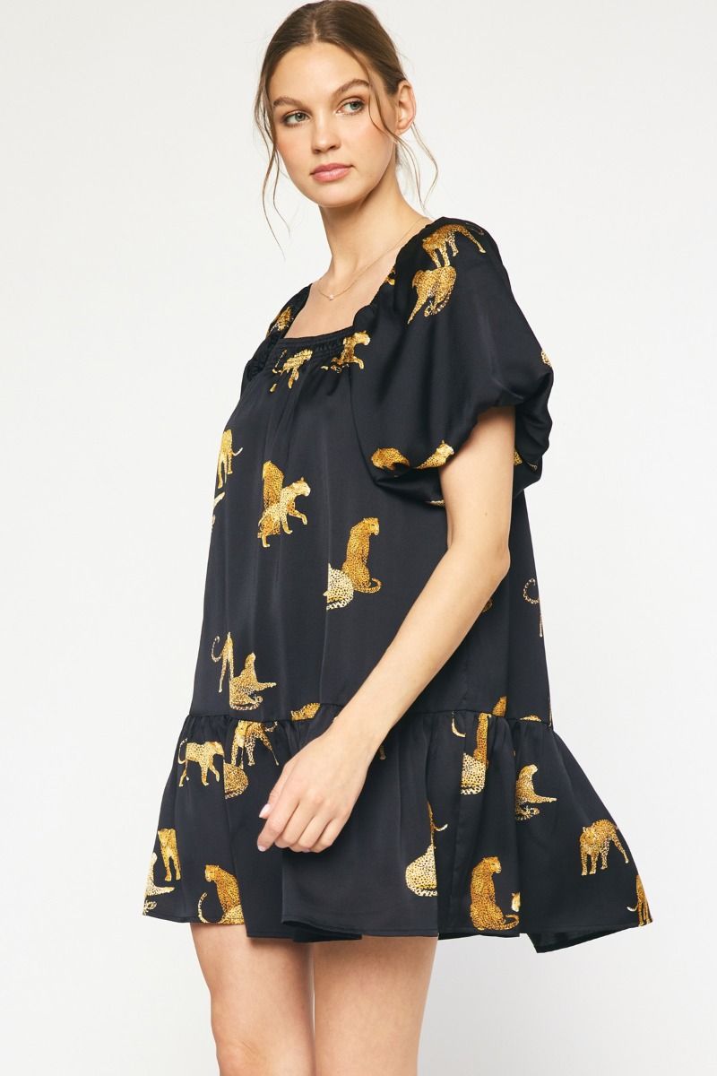 Leopard Print Square Neck Short Sleeve Mini Dress w/ Pockets