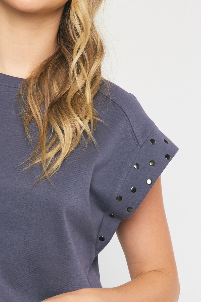 Solid Short Sleeve Top w/ Stud Details