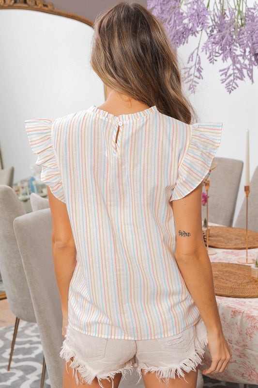 Ruffle Edge Detail Multi Color Stripe Top