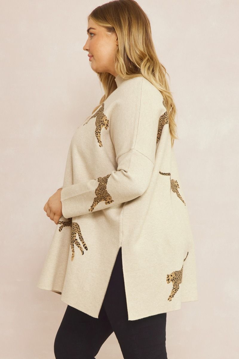 Cheetah Print Mock Neck Long Sleeve Sweater w/ Drop Shoulder
