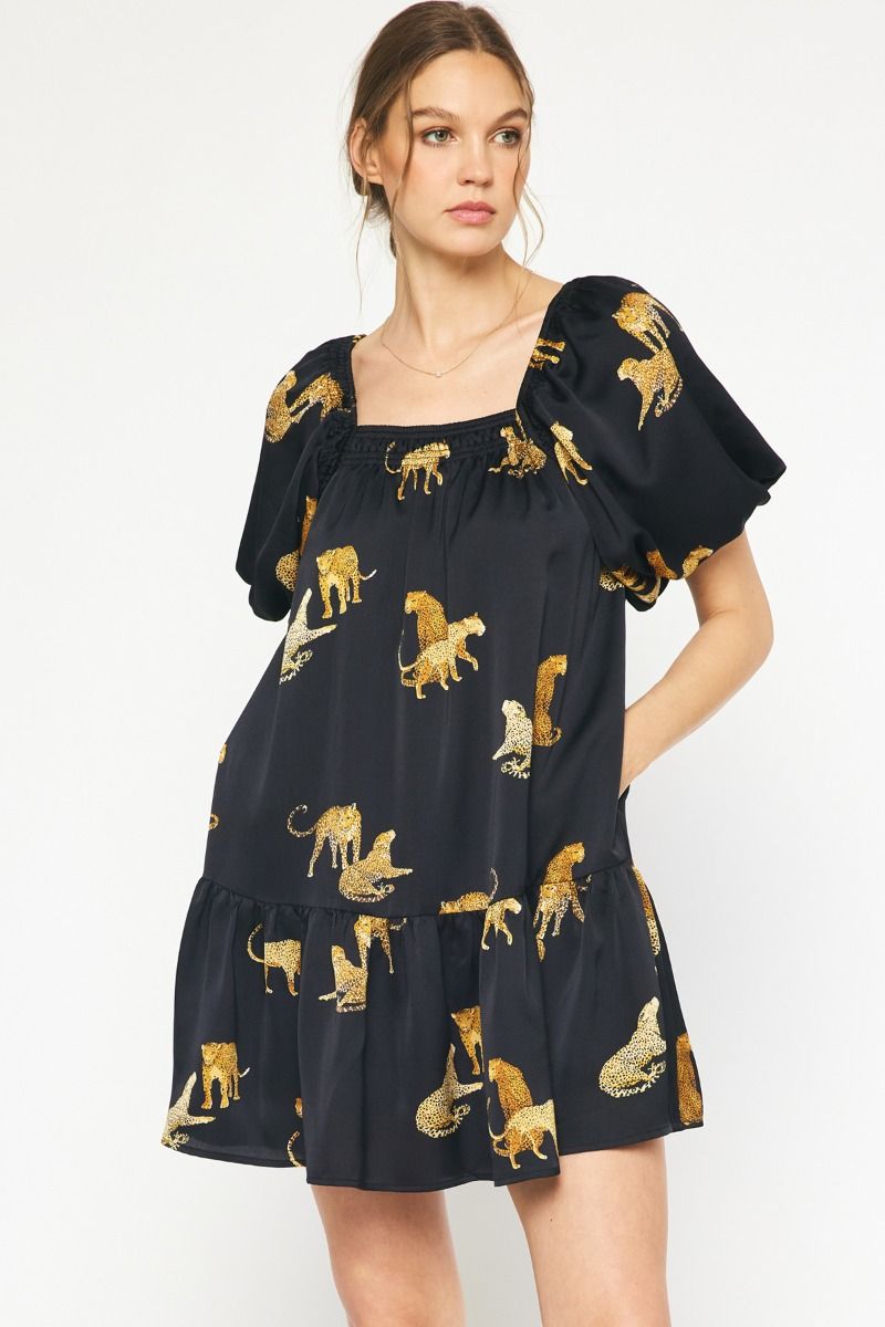 Leopard Print Square Neck Short Sleeve Mini Dress w/ Pockets