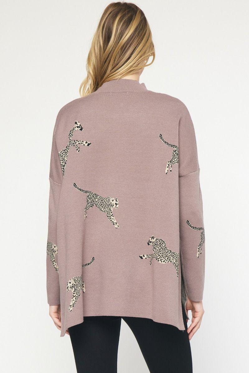 Cheetah Print Mock Neck Long Sleeve Sweater w/ Drop Shoulders