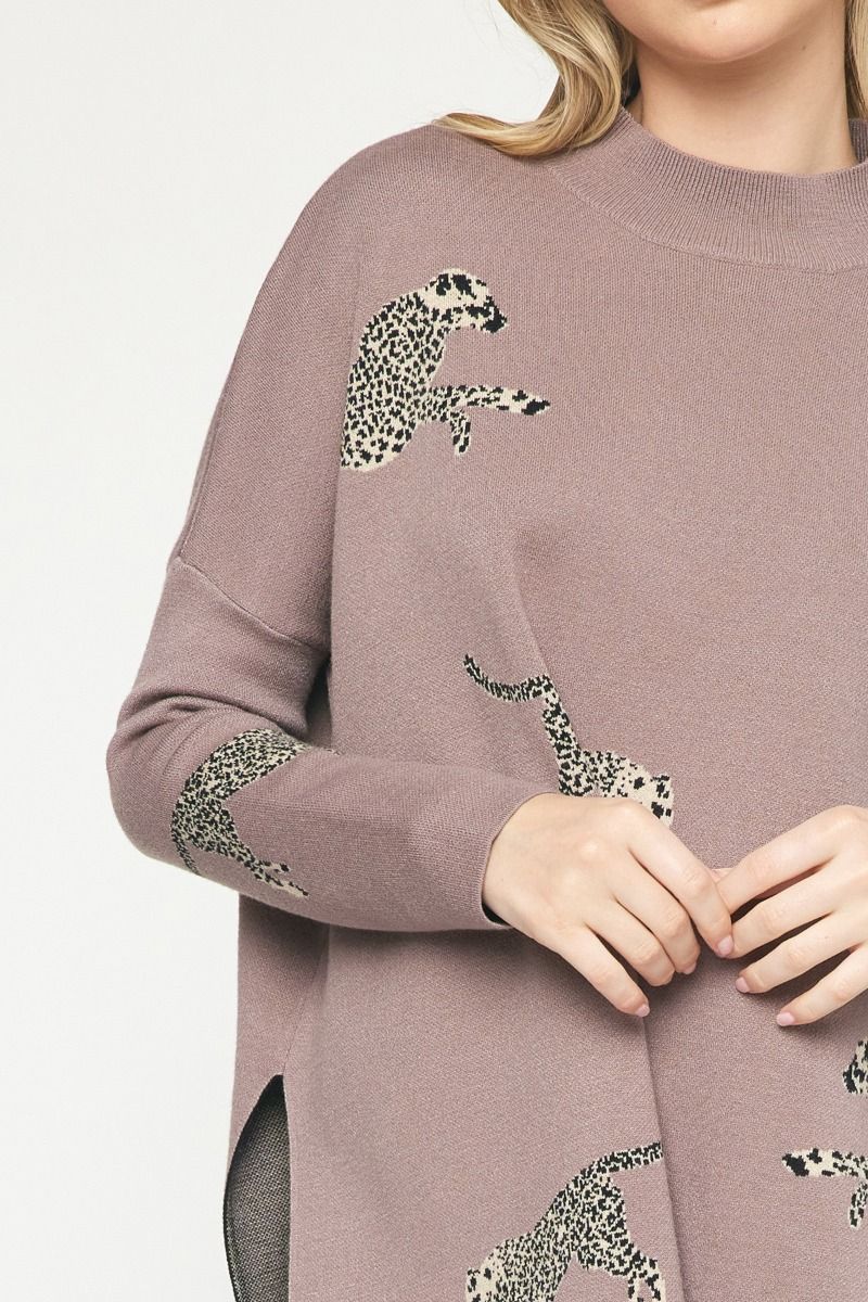 Cheetah Print Mock Neck Long Sleeve Sweater w/ Drop Shoulders